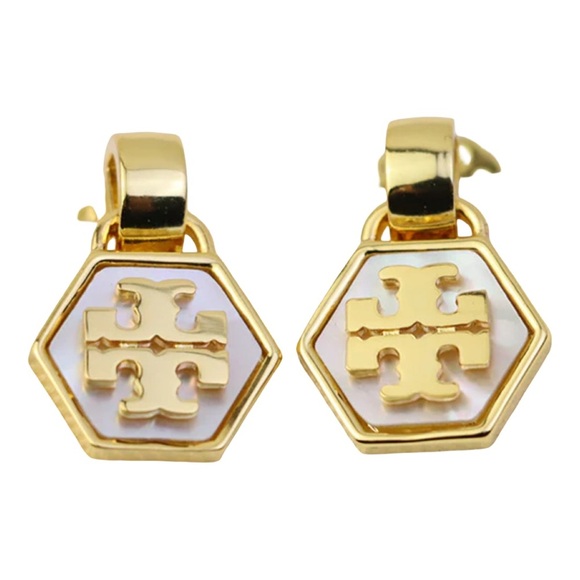 TORY BURCH • Mother of Pearl Hexagon Gold Drop Earrings - Picture 5 of 6